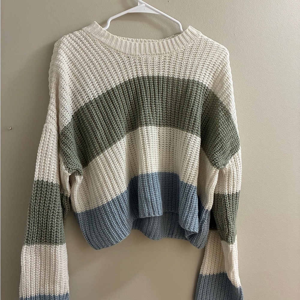 Moon & Madison Striped Knit Sweater - Ivory, Sage, and Blue